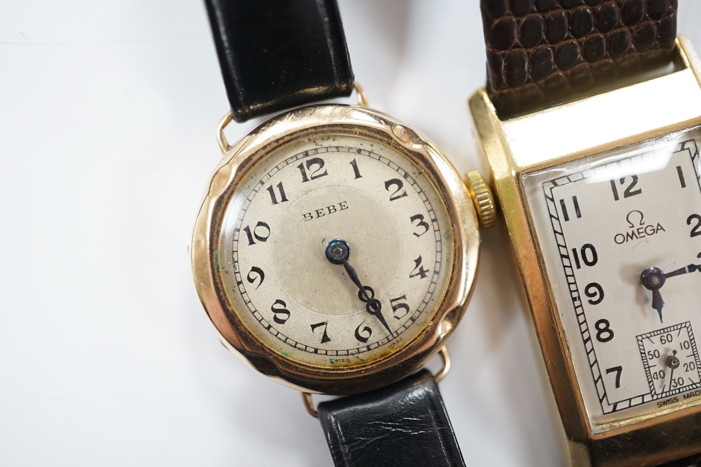 A lady's 1930's 9ct gold Omega manual wind wrist watch, on a later leather strap and a lady's 9ct gold Bebe wrist watch.